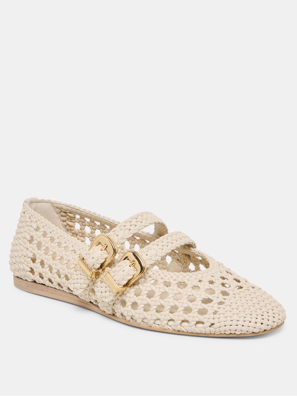 Baylee Dolce Vita Woven Double-Buckle Flats in Cream with Gold Buckles